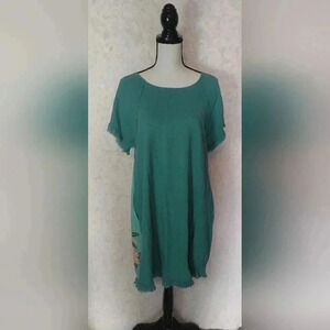 Umgee Linen Blend Front Jade Green Floral Print Dress